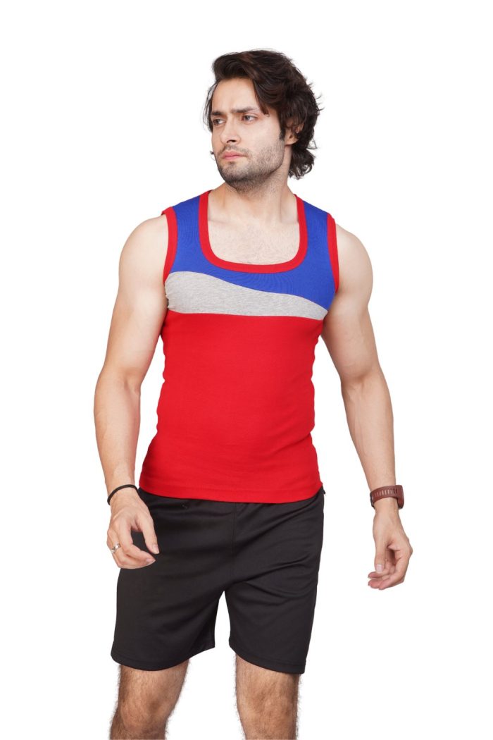 Eleva Designer Gym Vest -Sky Blue & Red/ puja